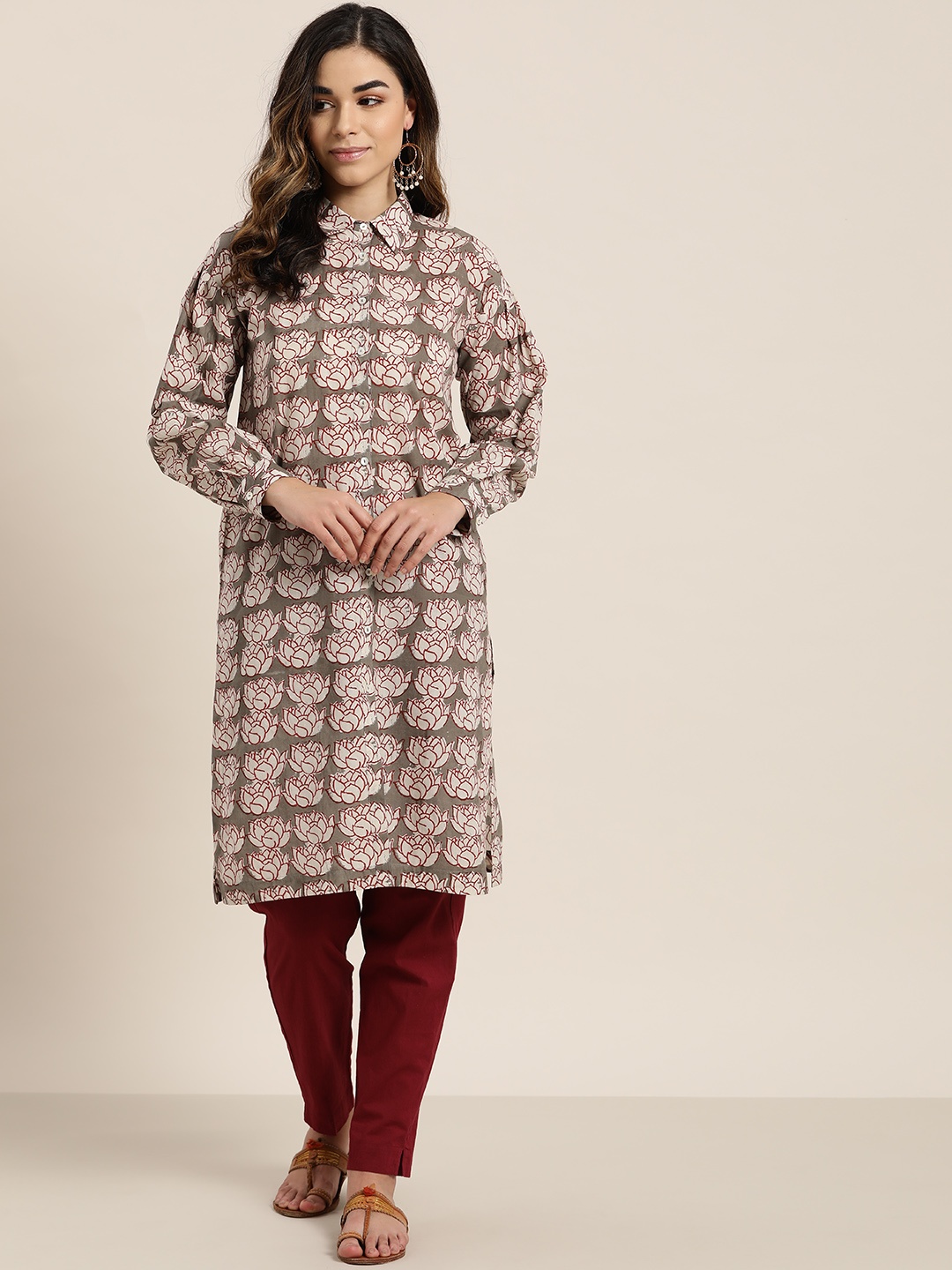 

Sangria Women Taupe & Rust Red Printed Straight Kurta