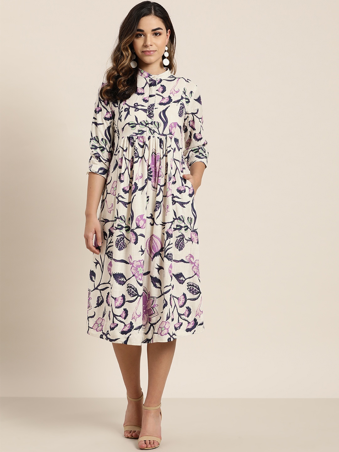 

Sangria Women Off-White & Navy Blue Floral Print A-Line Dress