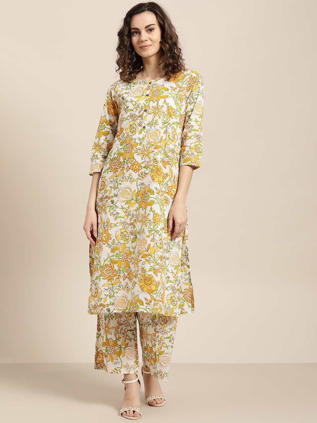 

Sangria Women White & Mustard Yellow Printed Kurta with Palazzos