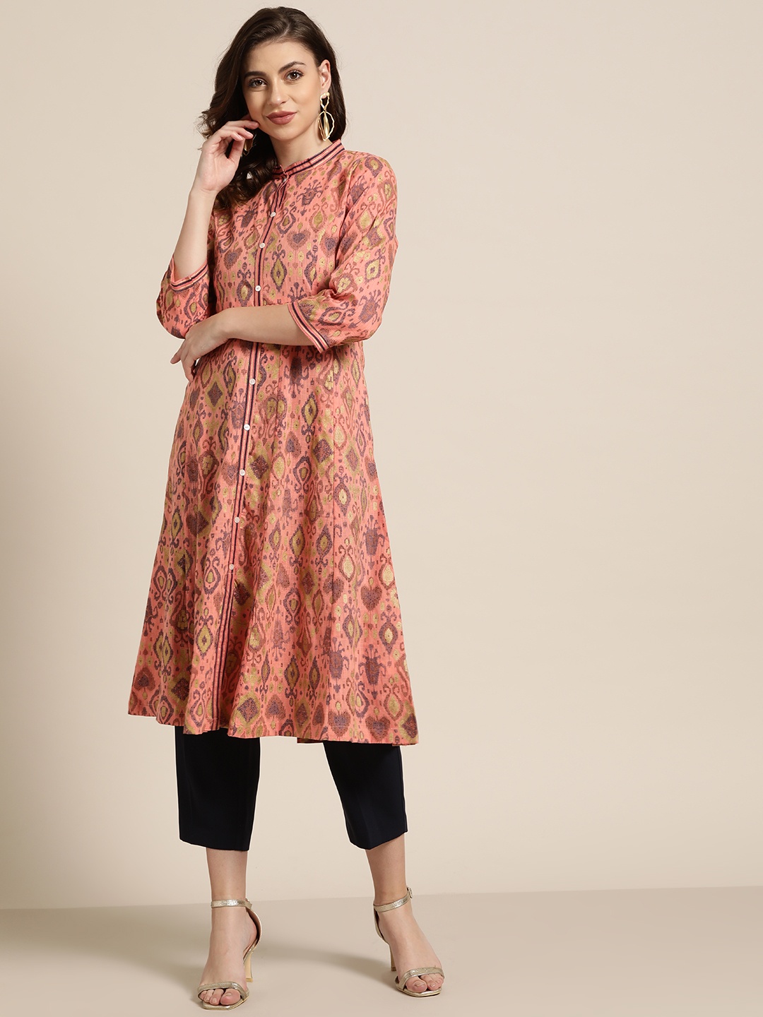 

Sangria Women Peach-Coloured & Black Printed A-Line Kurta