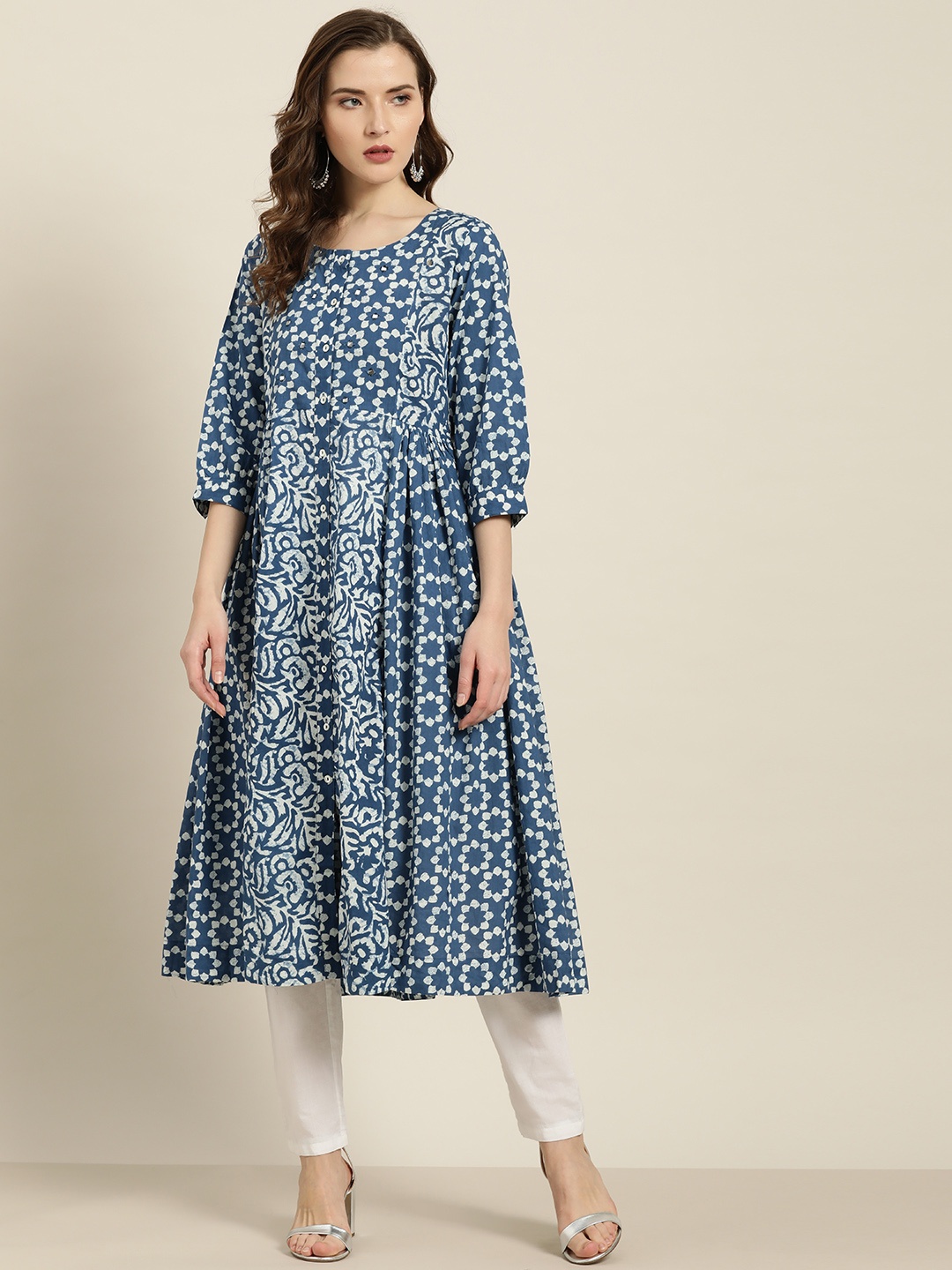 

Sangria Women Blue and White Printed A-Line Kurta