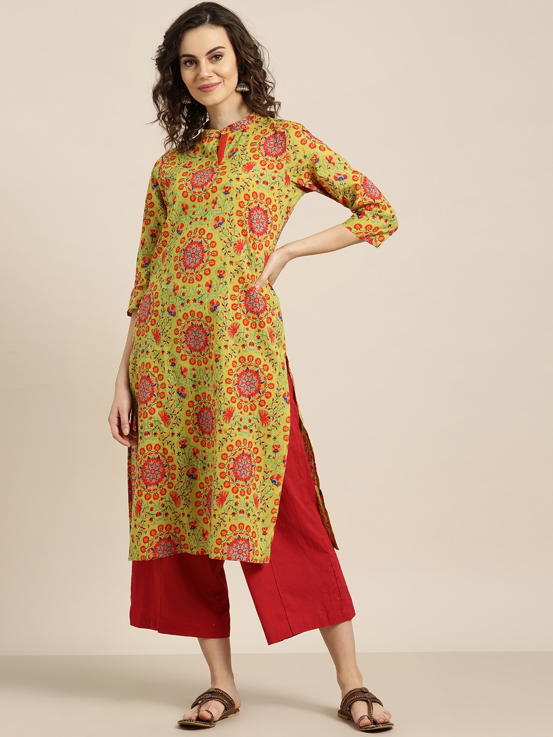 

Sangria Women Green & Orange Printed Straight Kurta