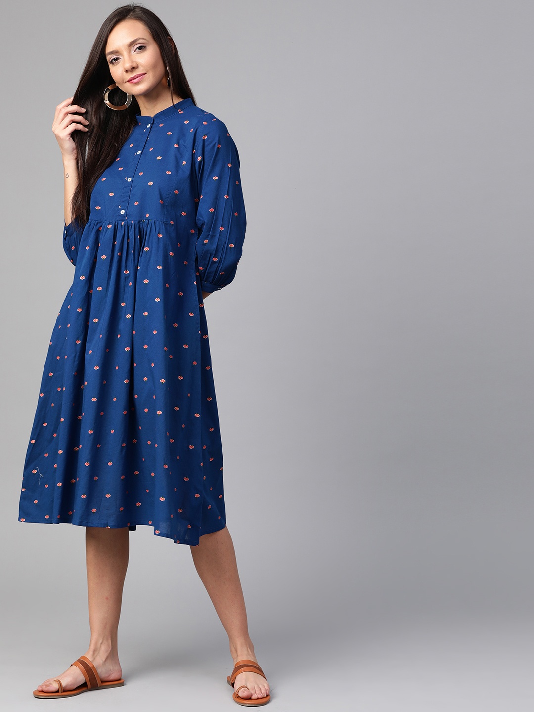 

Sangria Navy Blue & Coral Pink Floral Printed Cotton A-Line Dress
