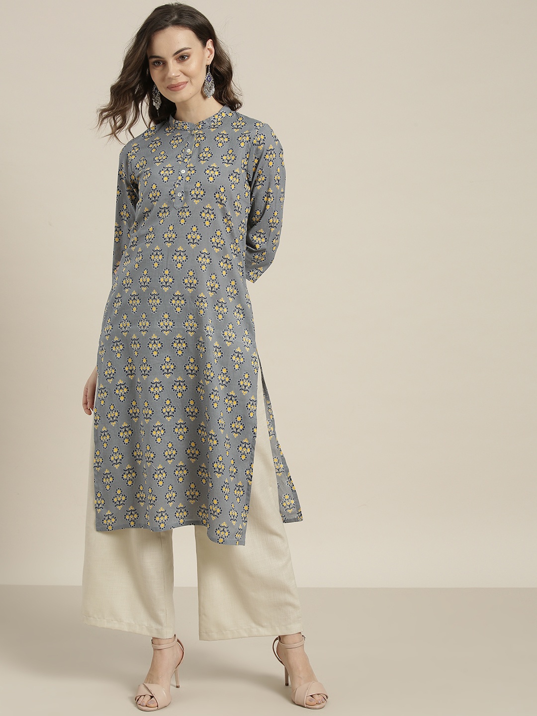 

Sangria Women Grey & Mustard Yellow Printed Straight Kurta