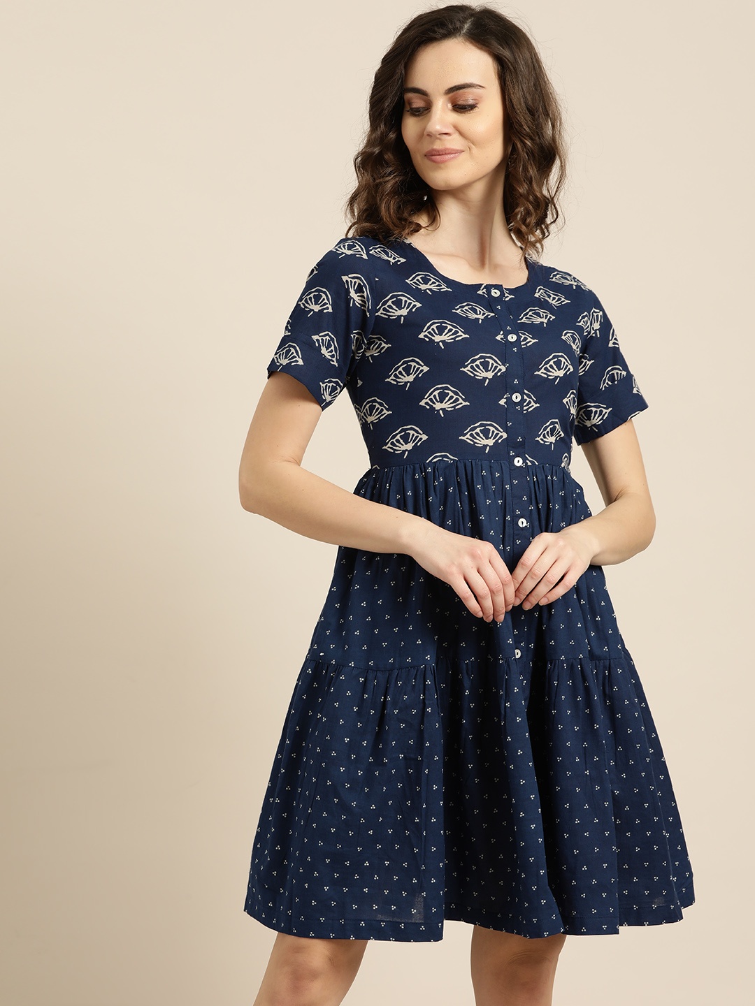 

Sangria Women Navy Blue & Off-White Block Print A-Line Dress