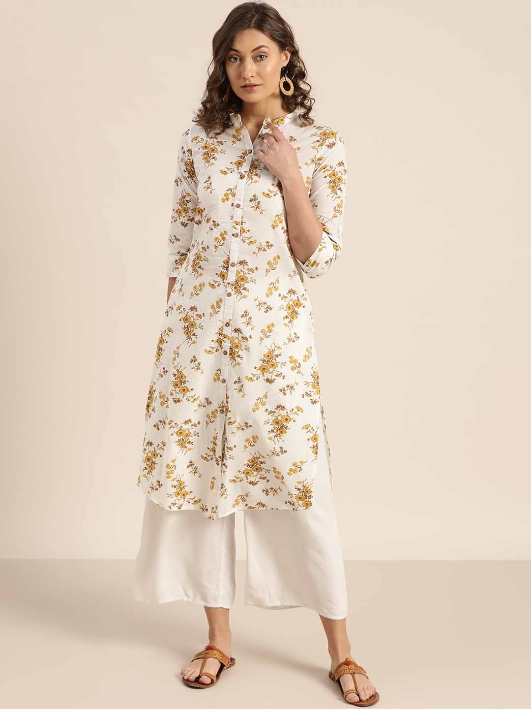 

Sangria Women White & Yellow Floral Printed Straight Kurta