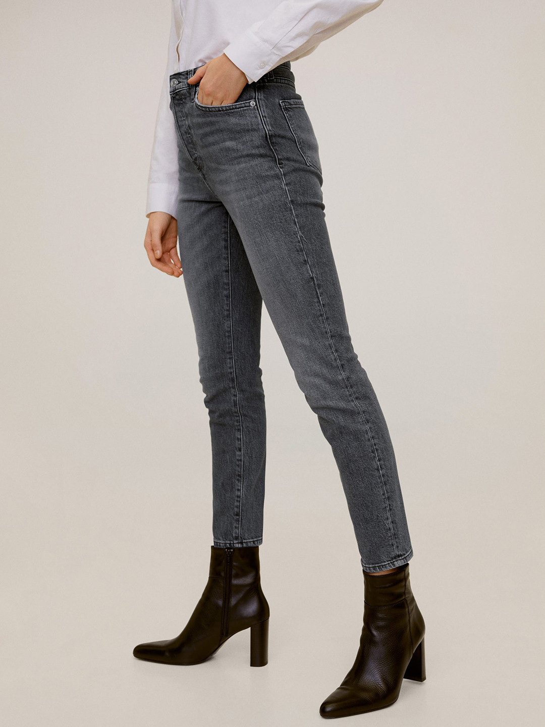 

MANGO Women Charcoal Grey Slim Fit High-Rise Clean Look Stretchable Cropped Sustainable Jeans