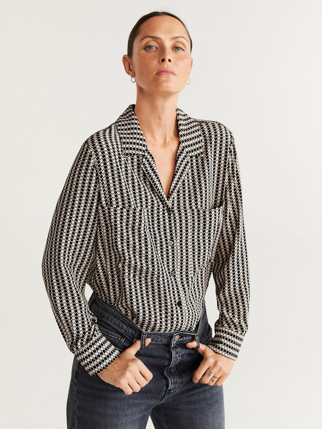 

MANGO Women Black & Off-White Printed Casual Shirt