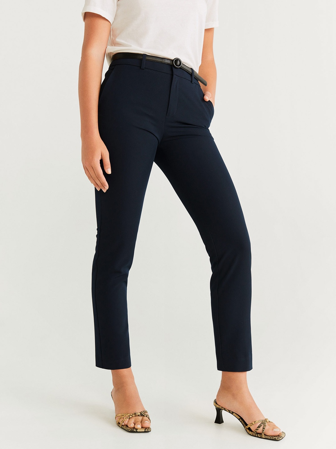 

MANGO Women Navy Blue Solid Cropped Formal Trousers