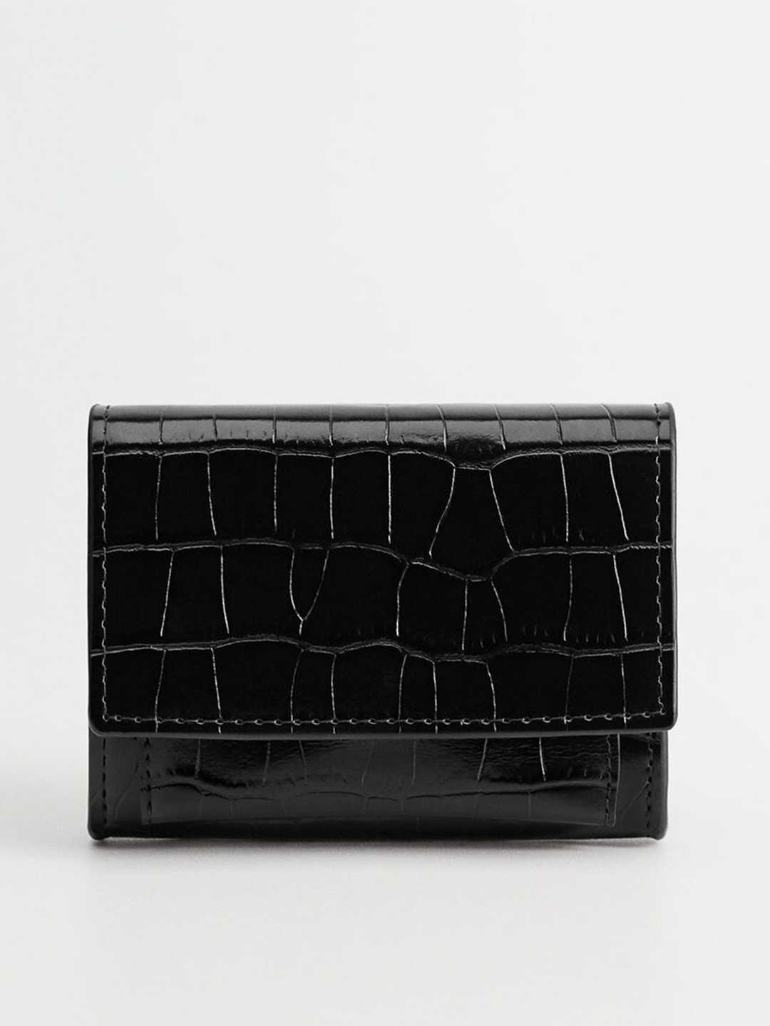 

MANGO Women Black Croc Skin Textured Two Fold Wallet