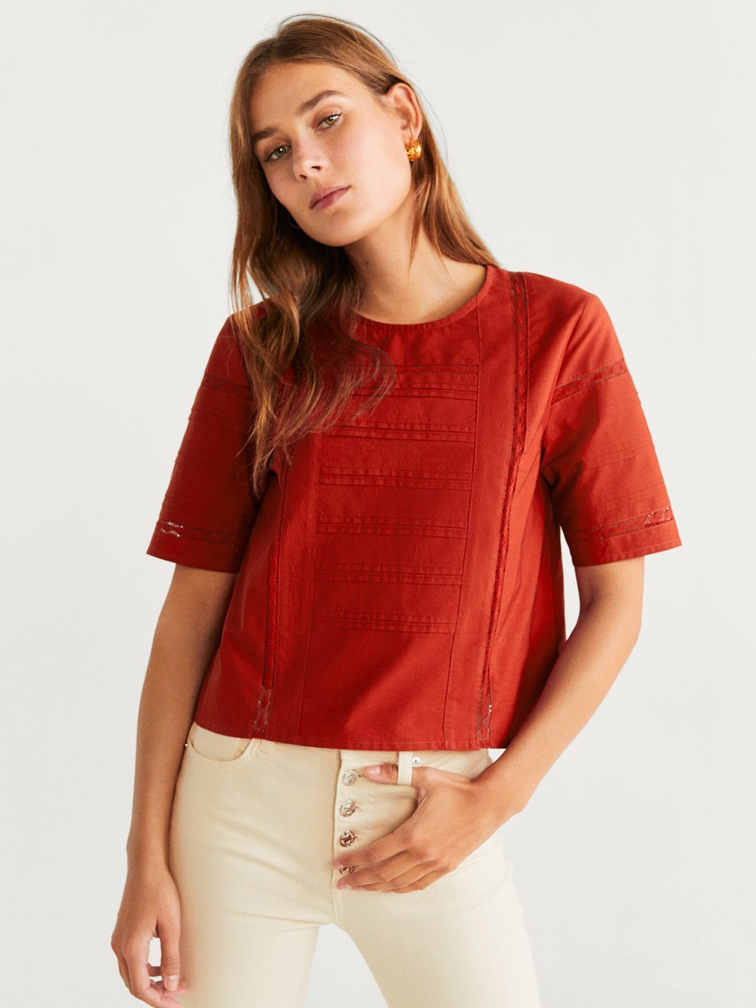 

MANGO Women Rust Red Solid Boxy Pure Cotton Top