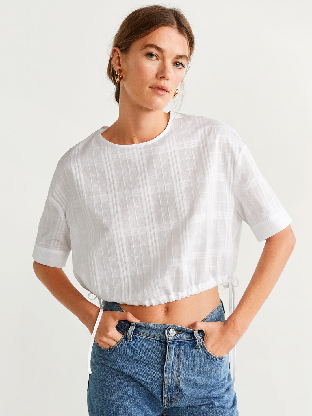 

MANGO Women White Checked Cropped Blouson Pure Cotton Top