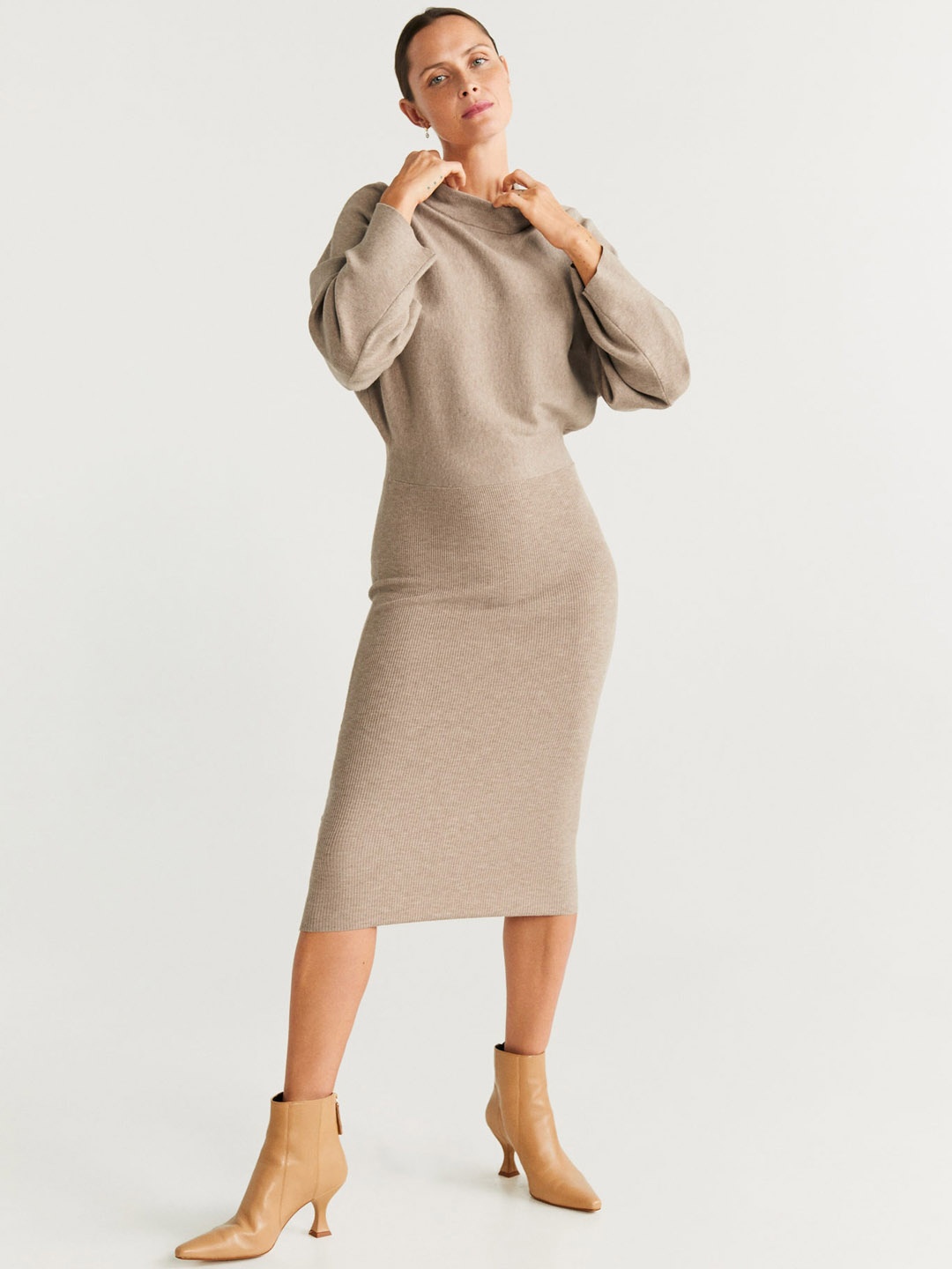 

MANGO Women Beige Solid Sheath Dress