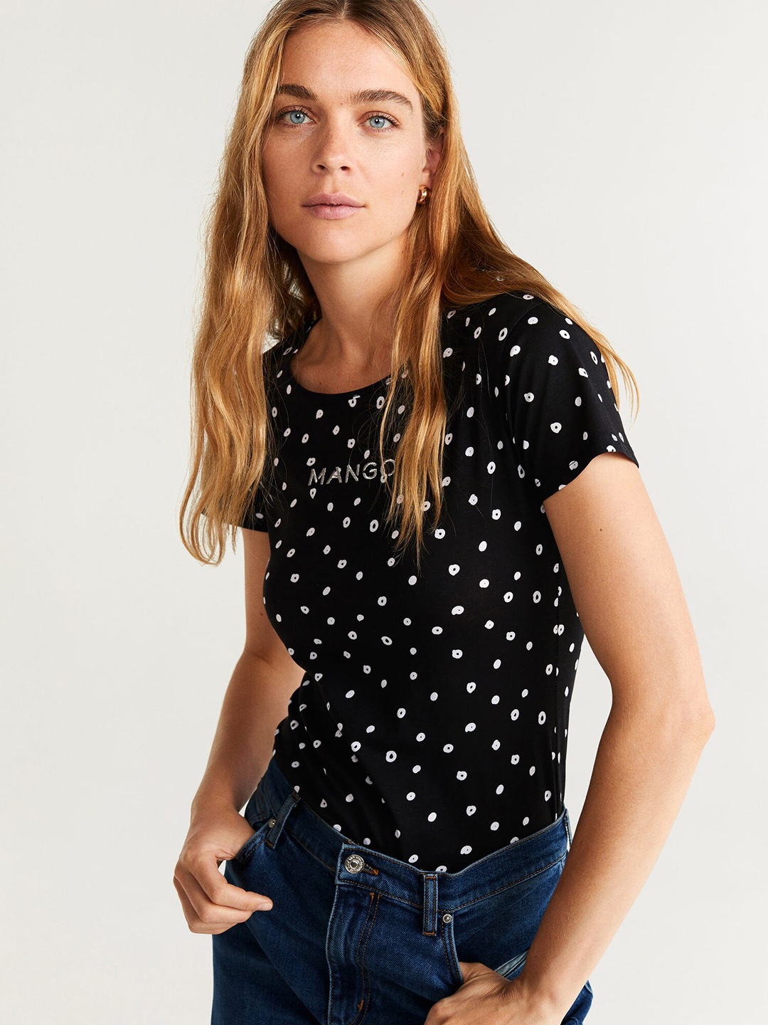 

MANGO Women Black White Printed Round Neck Pure Cotton T-shirt