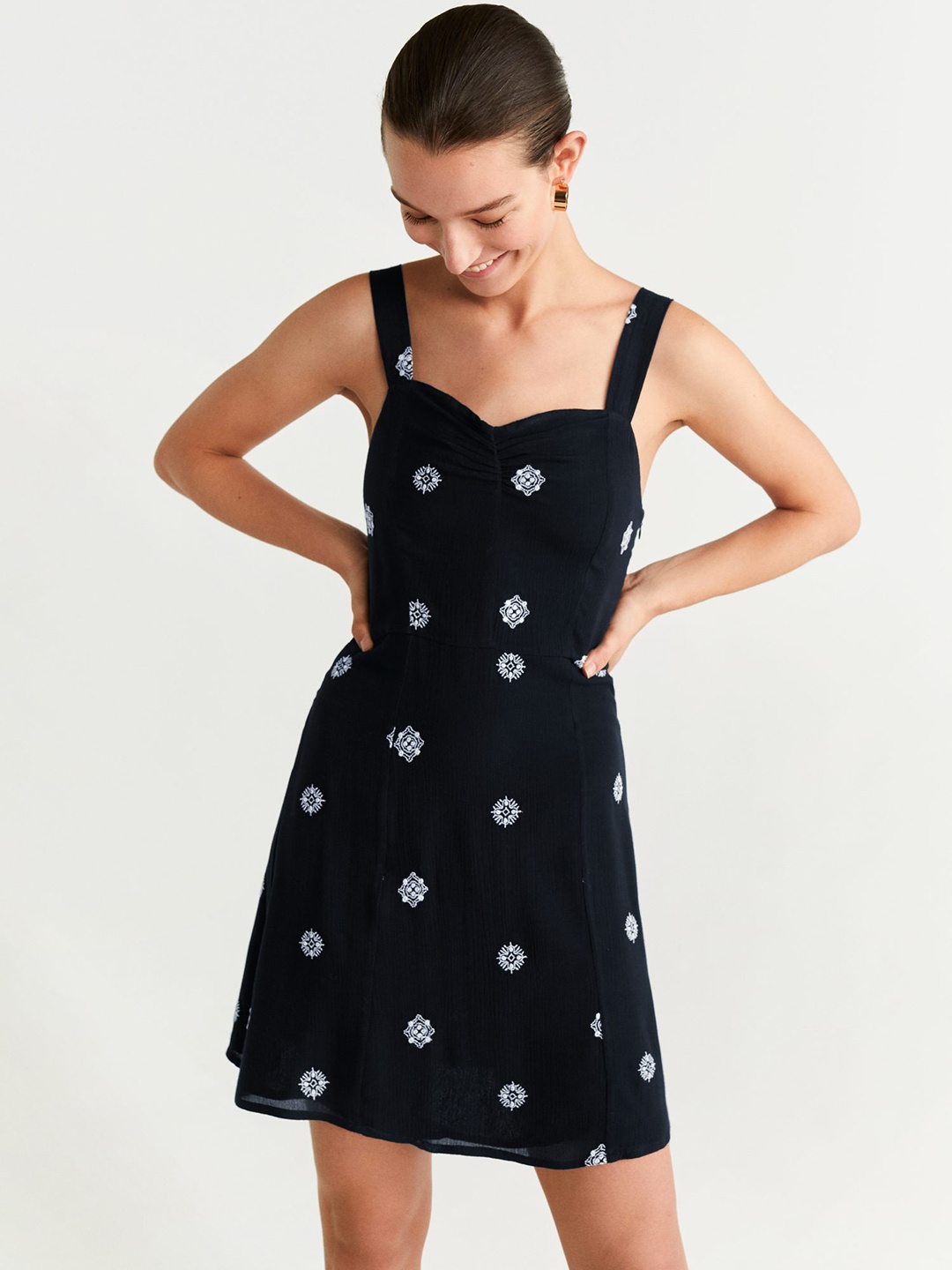 

MANGO Women Black & White Embroidered A-Line Dress