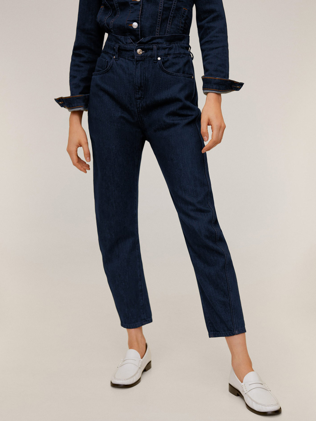 

MANGO Women Navy Blue Solid Slouchy Regular Fit High-Rise Clean Look Sustainable Jeans