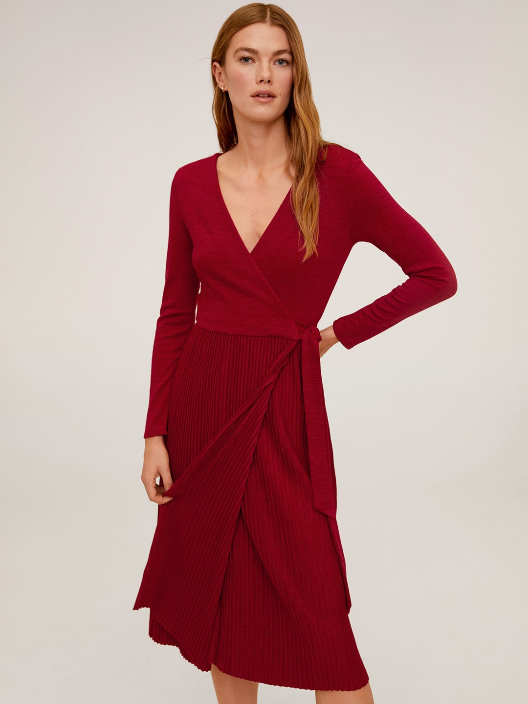 

MANGO Women Rust Red Accordian Pleated Solid Wrap Dress