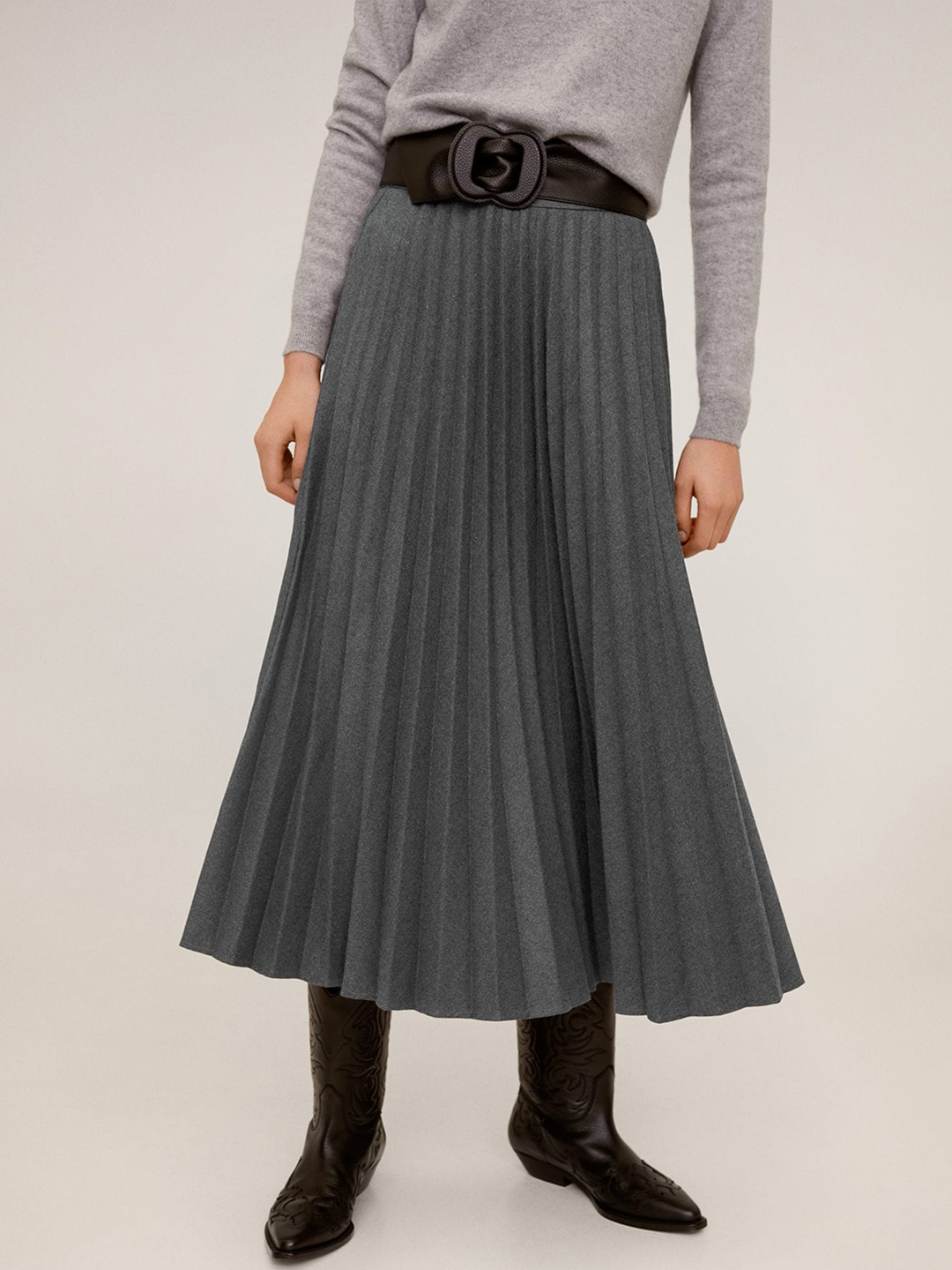 

MANGO Women Charcoal Grey Solid Accordian Pleated A-Line Skirt