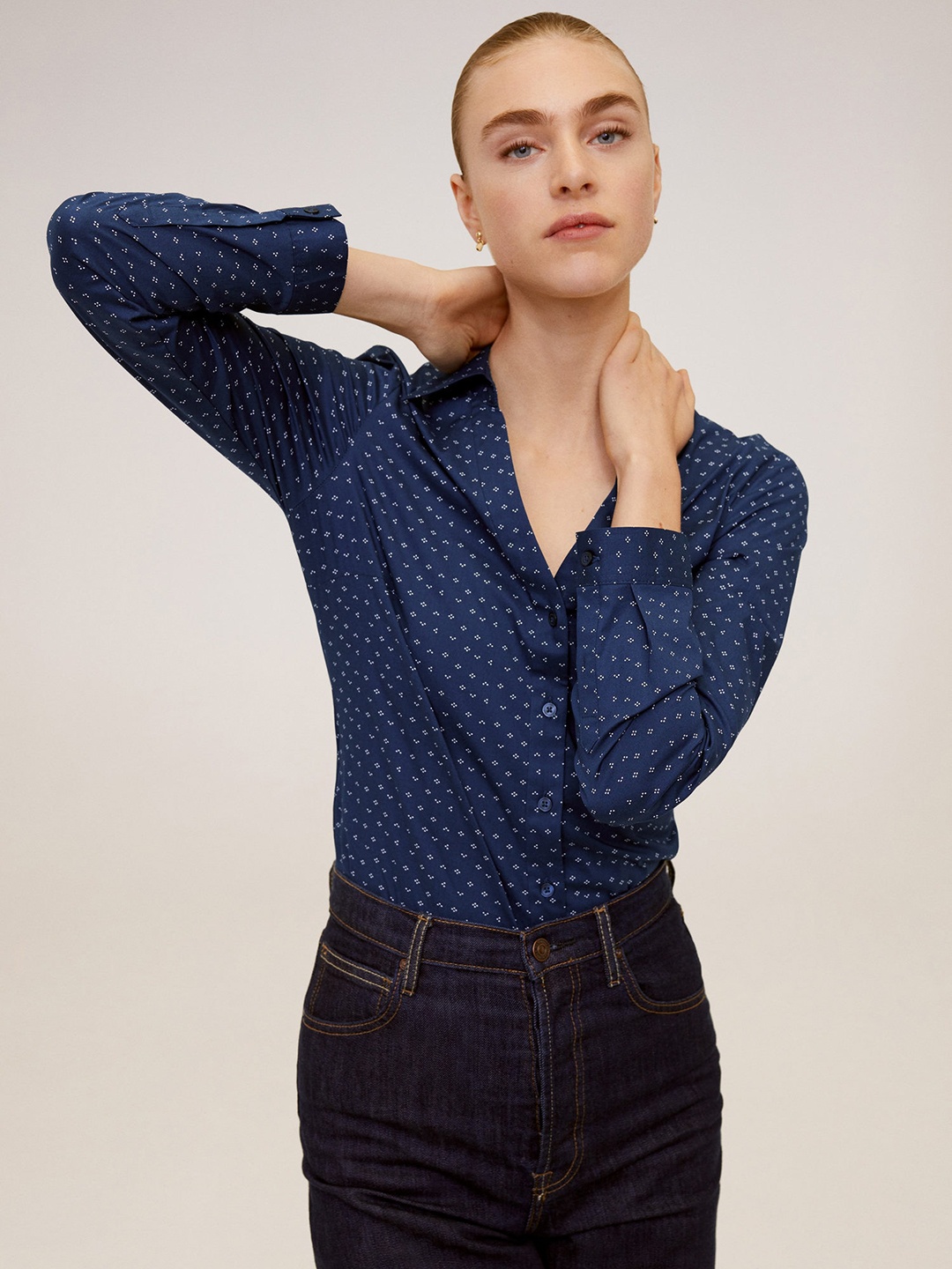 

MANGO Women Navy Blue & White Printed Regular Fit Casual Shirt