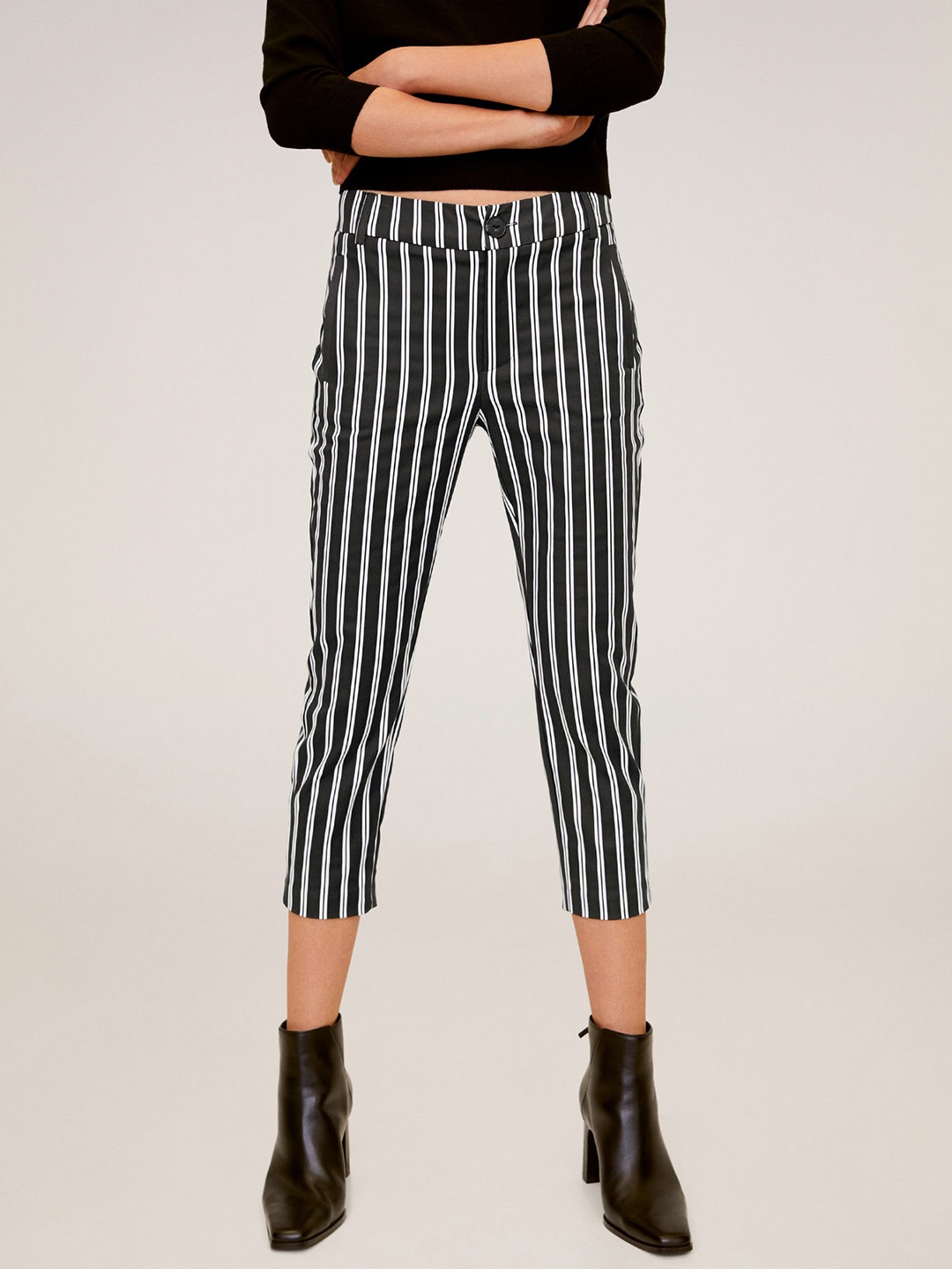 

MANGO Women Black & White Striped Cropped Regular Trousers