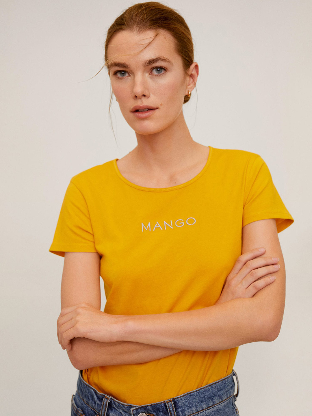 

MANGO Women Mustard Yellow Embroidered Detail Round Neck T-shirt