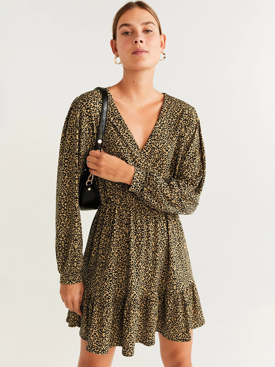 

MANGO Women Beige & Black Animal Print Wrap Dress