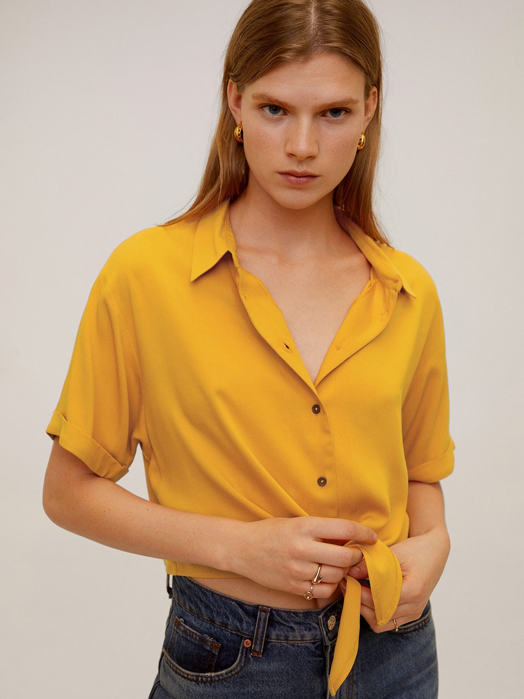 

MANGO Women Mustard Yellow Self Design Crop Casual Shirt