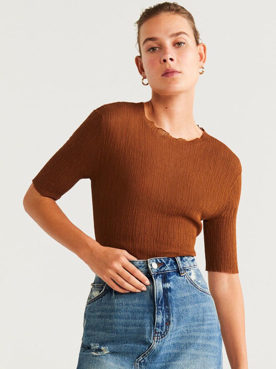 

MANGO Women Brown Solid Fitted Top