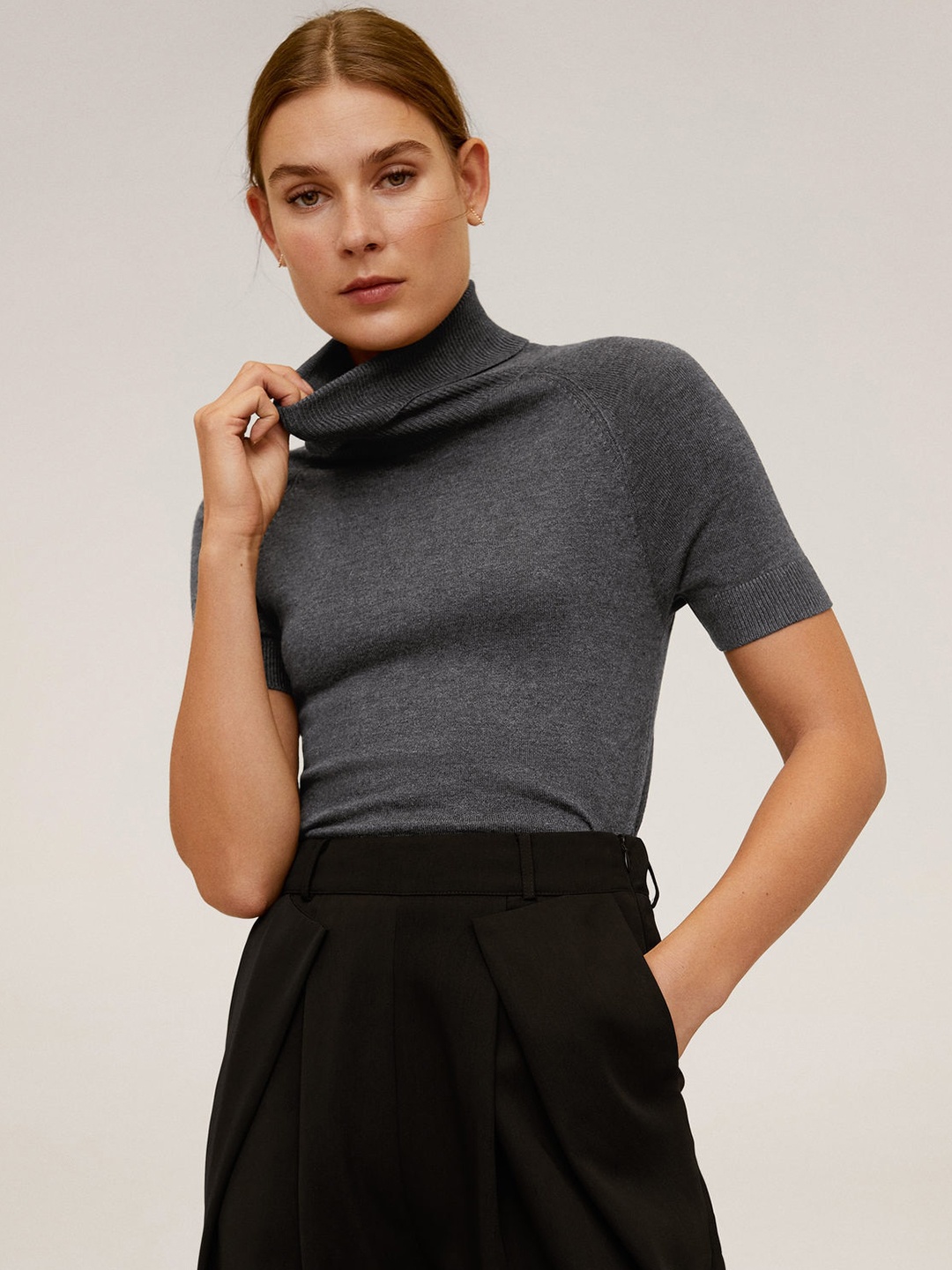 

MANGO Women Charcoal Grey Solid Pullover