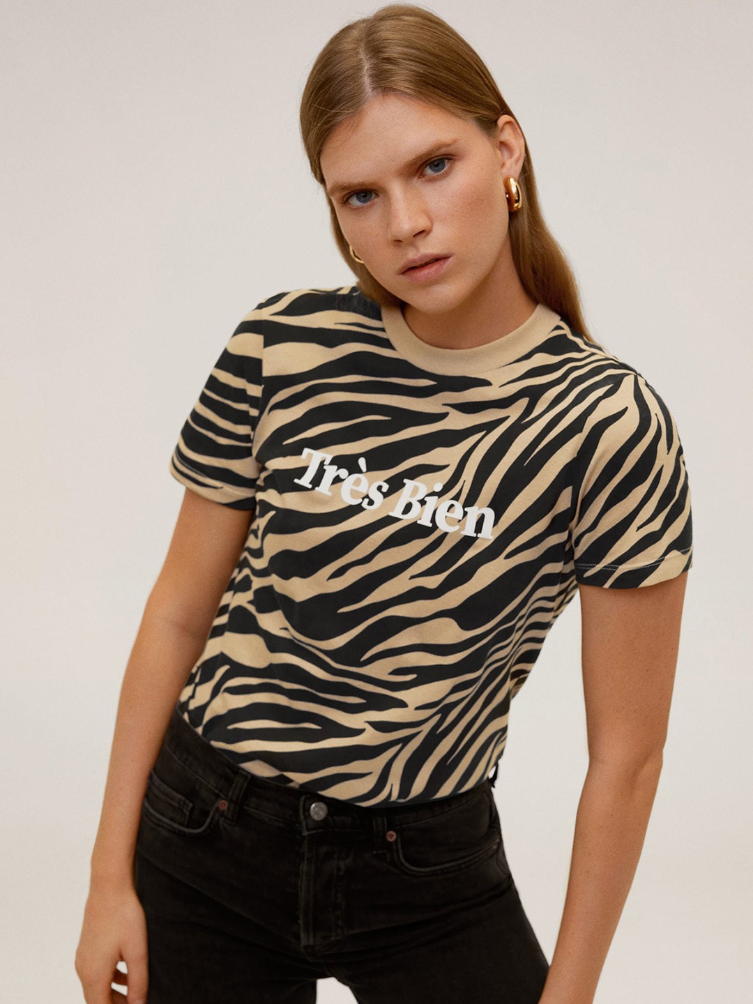 

MANGO Women Beige Black Zebra Print Round Neck T-Sustainable Shirt