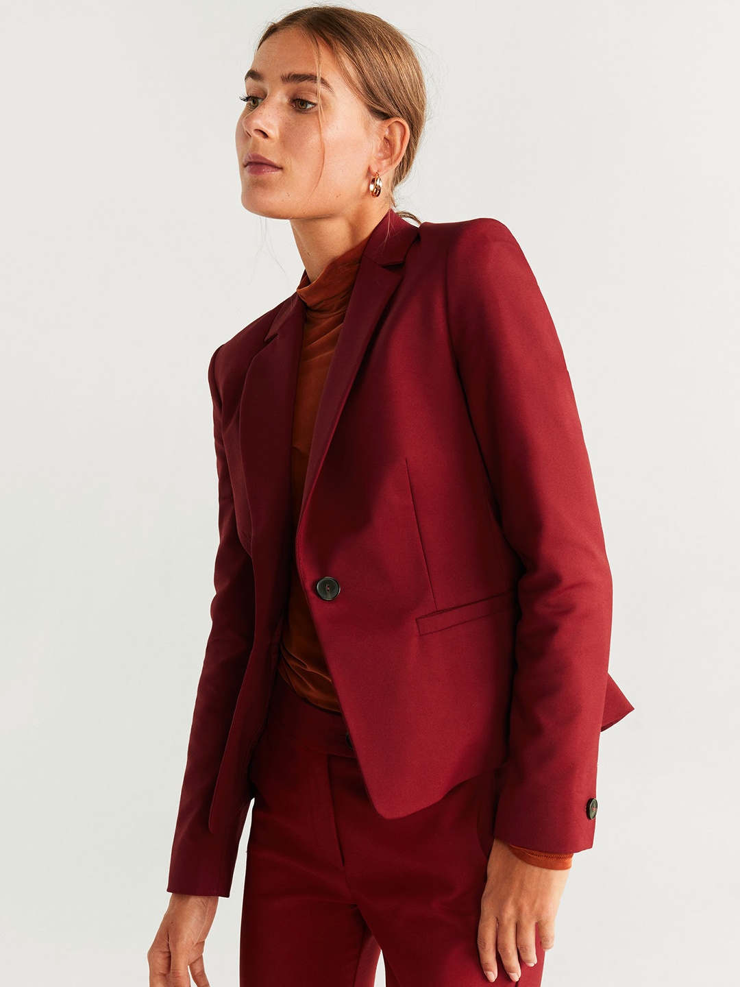 

MANGO Women Maroon Solid Single-Breasted Blazer