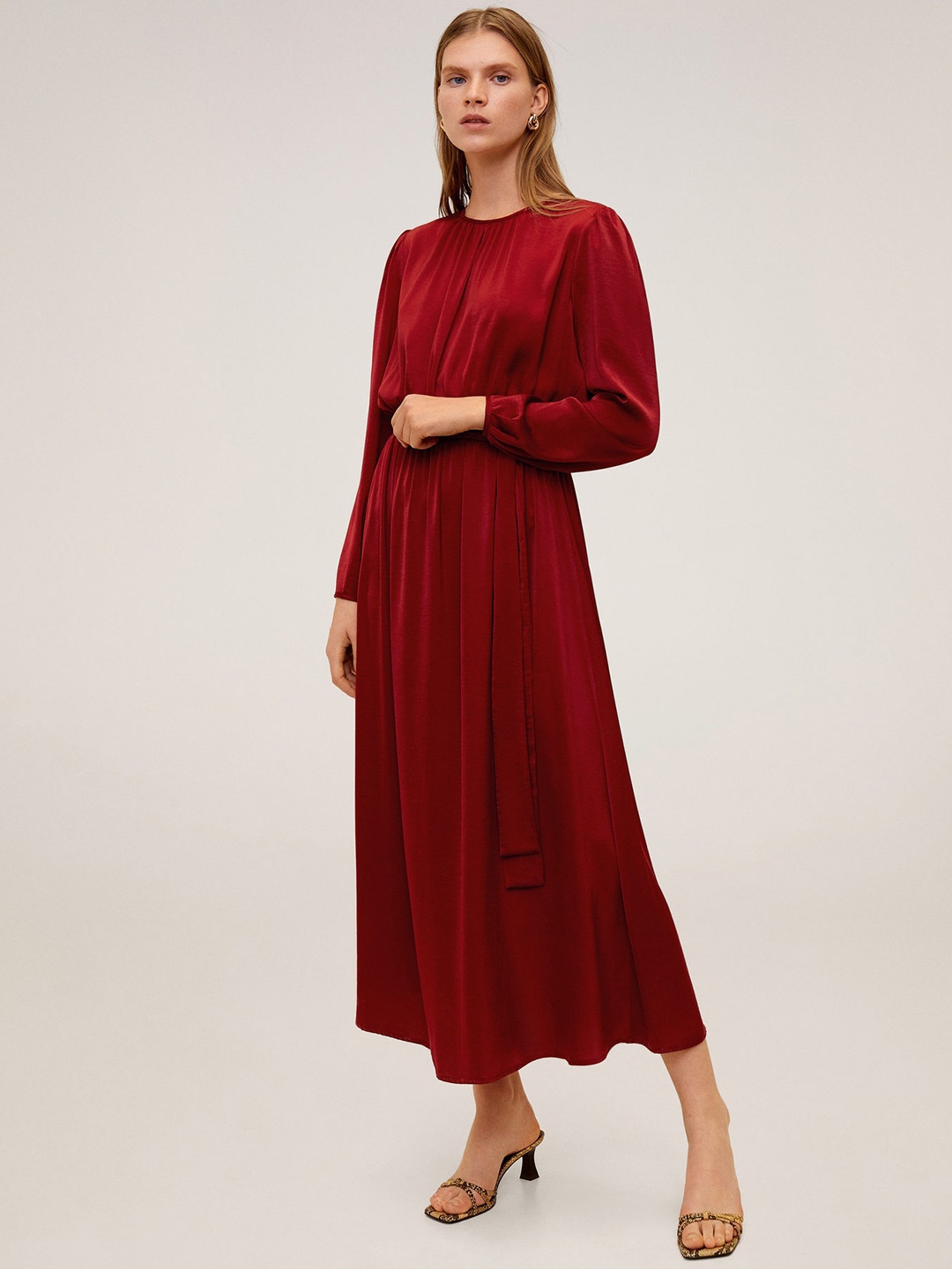 

MANGO Women Maroon Satin Finish Solid Maxi Dress