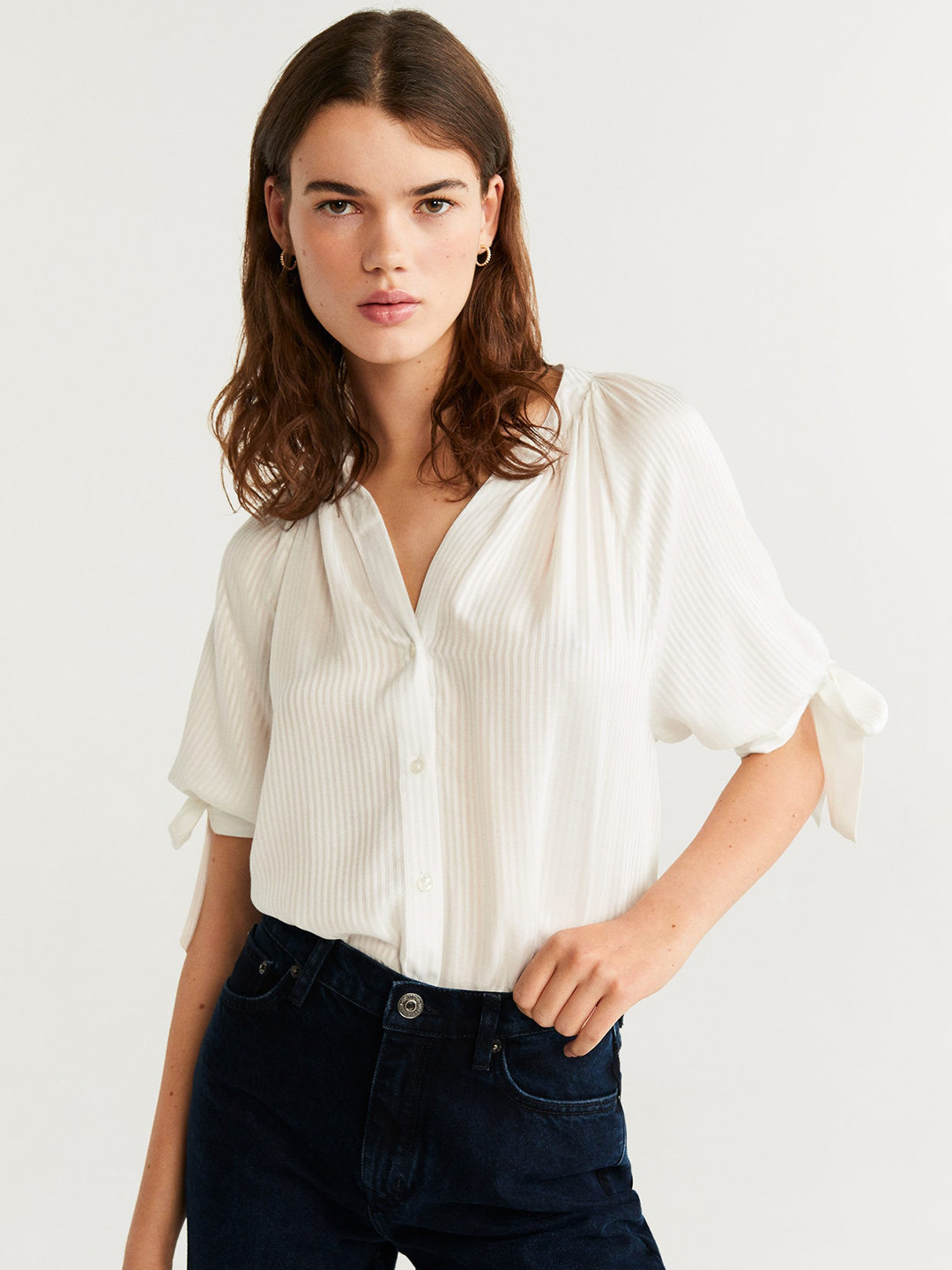 

MANGO Women White Regular Fit Self-Striped Casual Shirt