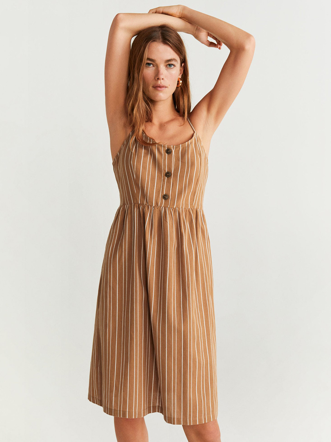 

MANGO Beige & White Striped Button Placket Dress