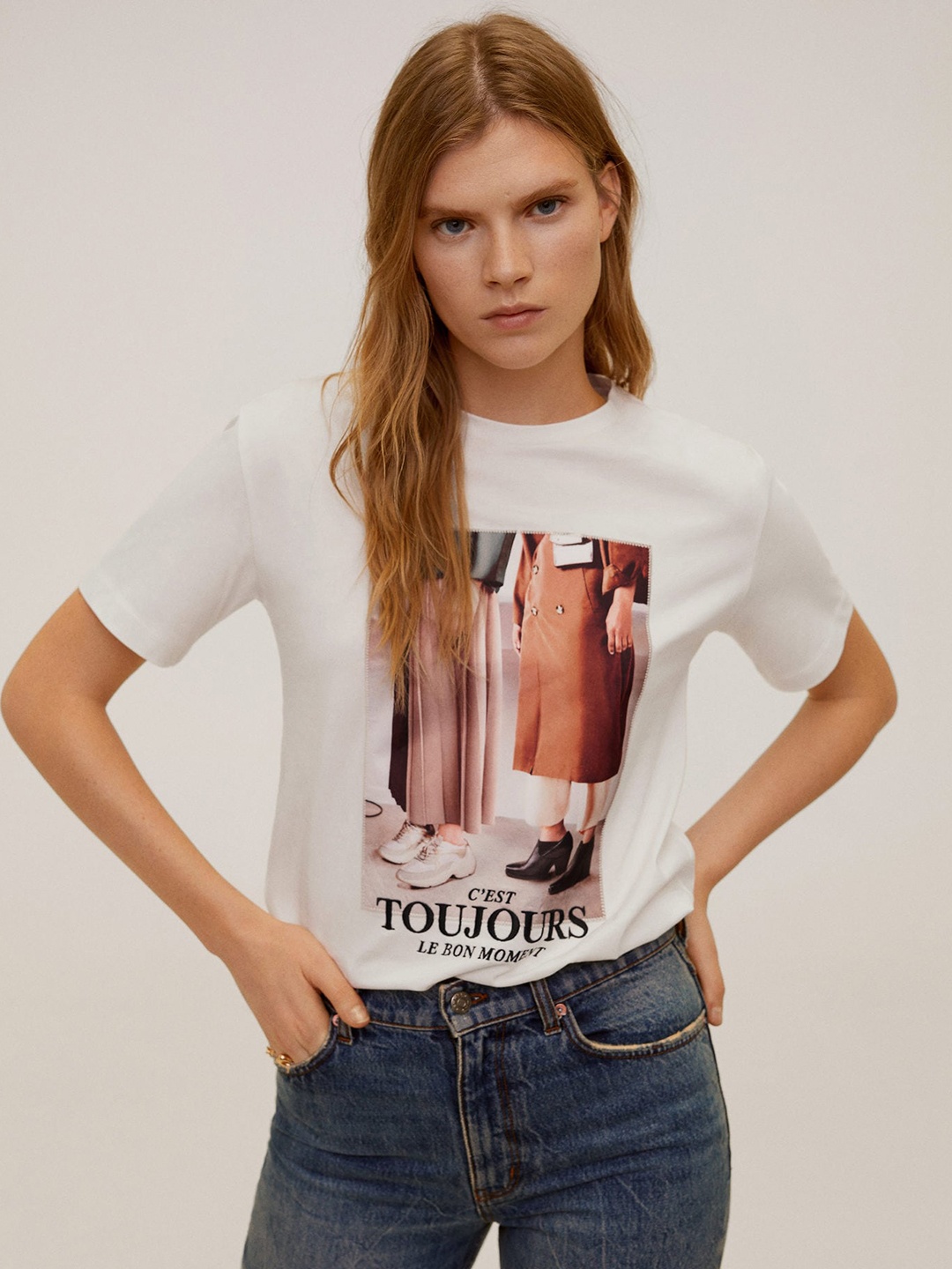 

MANGO Women Off-White Beige Printed Round Neck Pure Cotton T-shirt