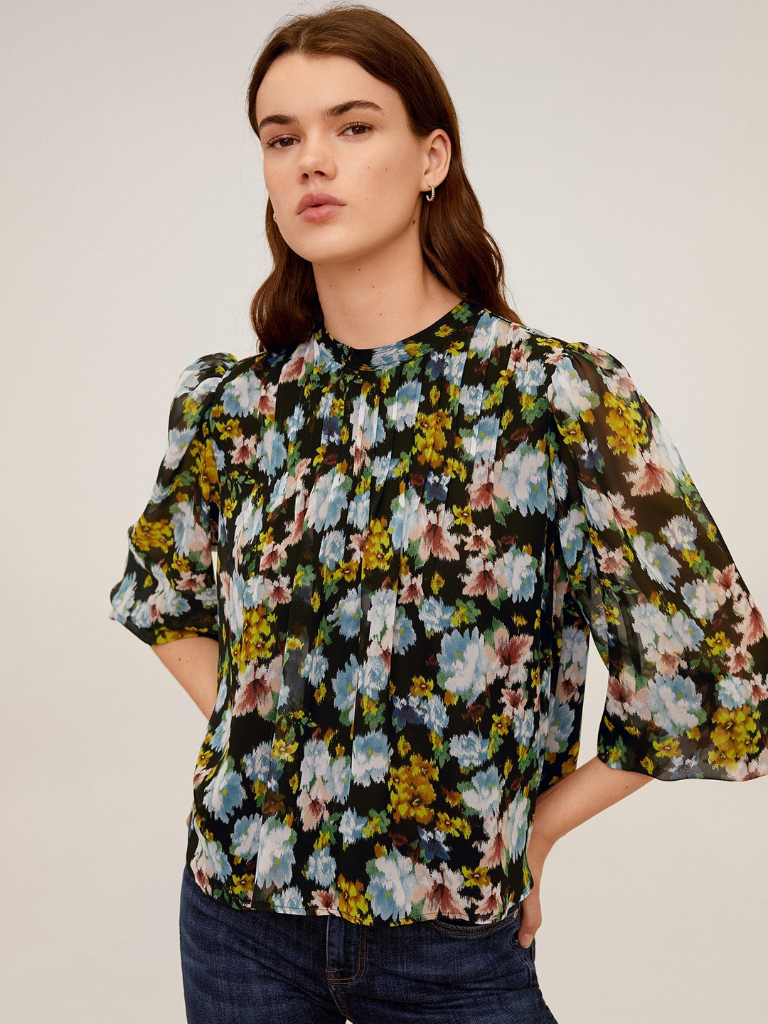 

MANGO Women Black & Blue Floral Print Top