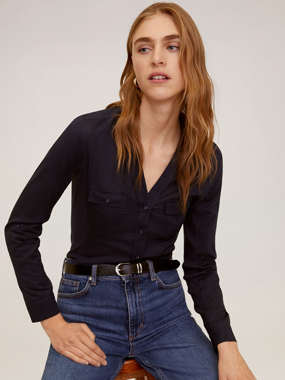 

MANGO Women Navy Blue Regular Fit Solid Casual Shirt
