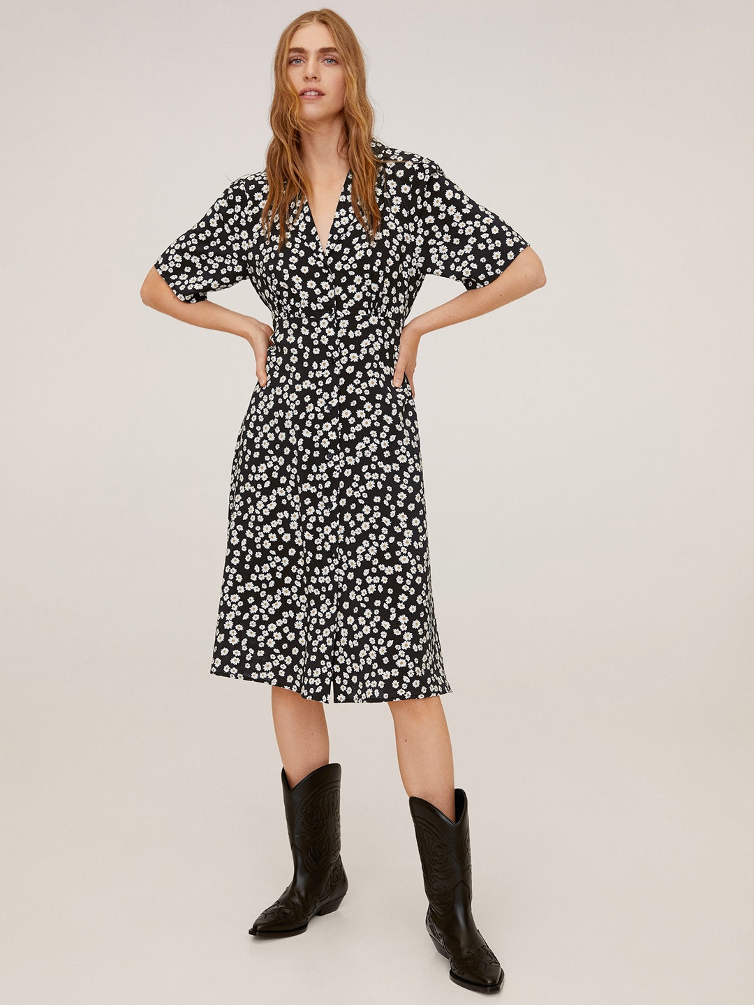 

MANGO Women Black & White Printed Shirt Dress