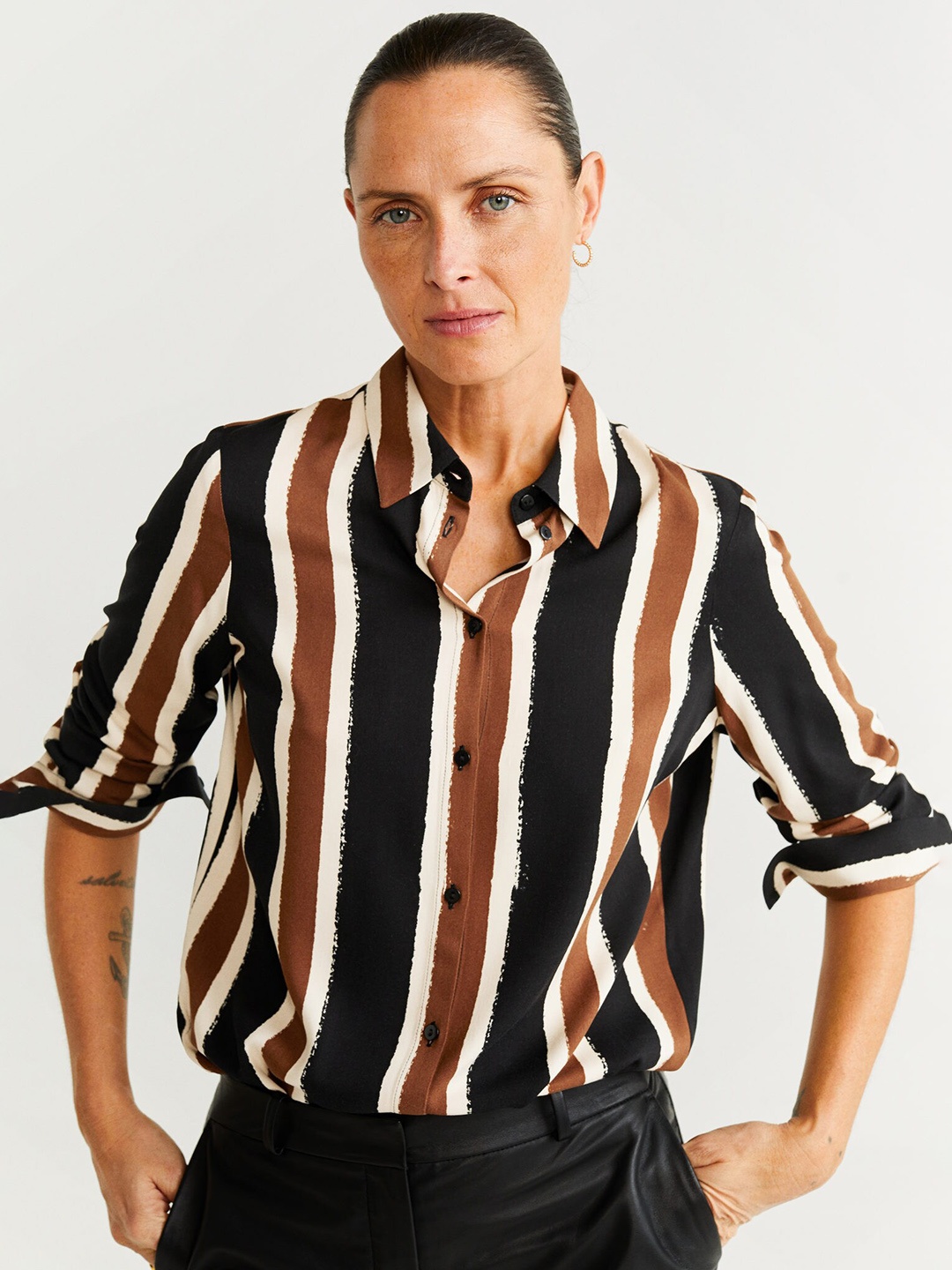 

MANGO Women Black & Brown Striped Casual Shirt