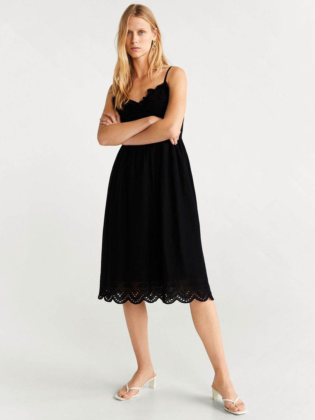 

MANGO Women Black Schiffli Embroidered Fit and Flare Dress
