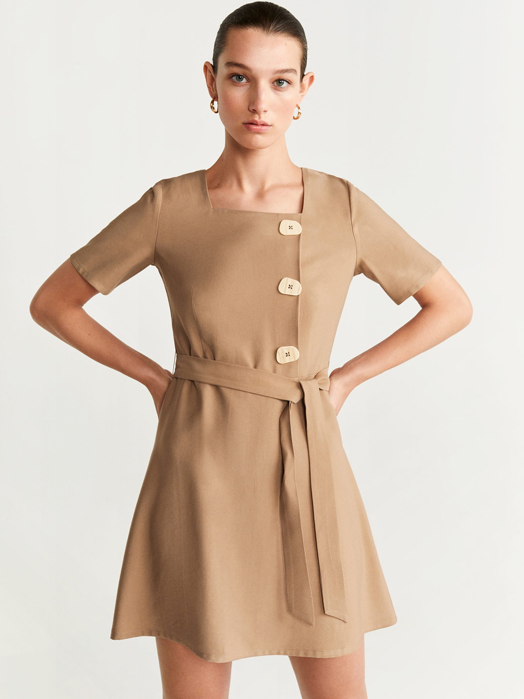 

MANGO Women Beige Solid A-Line Dress with Belt