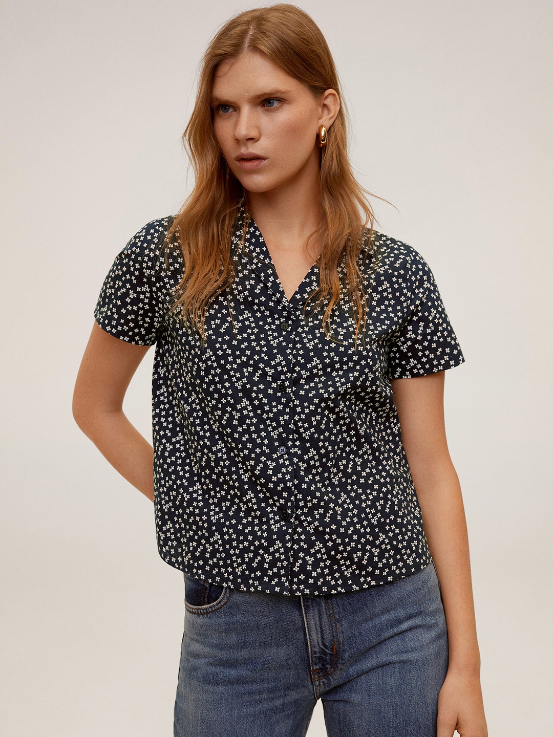 

MANGO Women Navy Blue & White Regular Fit Printed Casual Shirt