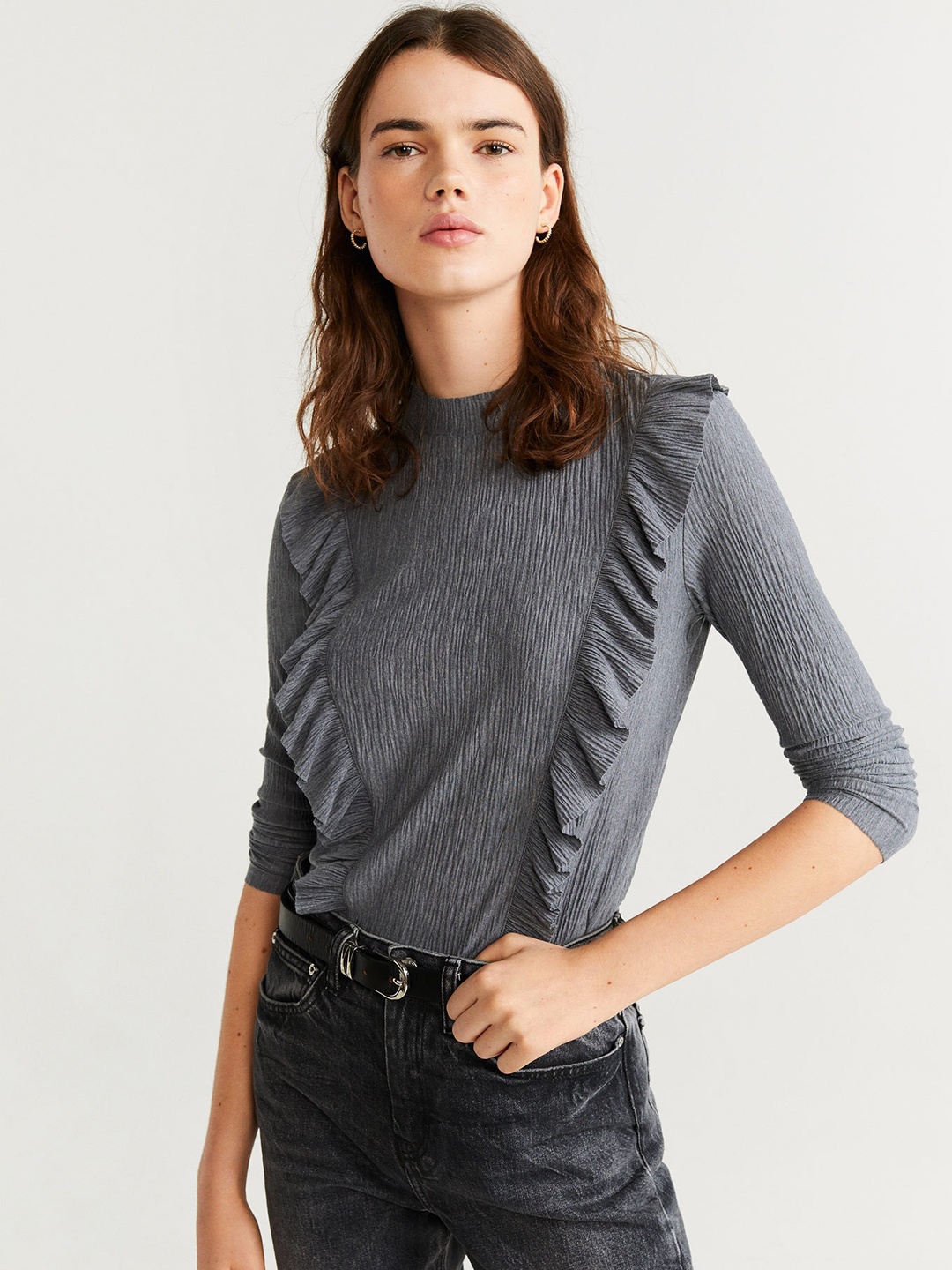 

MANGO Women Grey Crinkled Solid Top