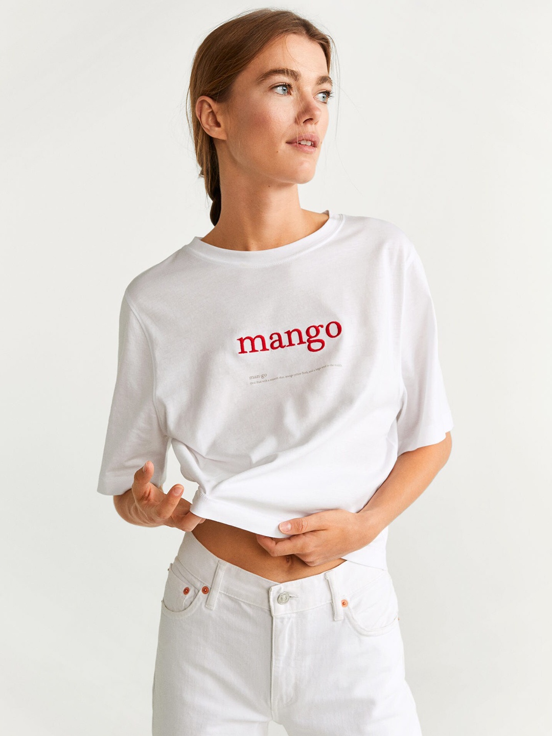 

MANGO Women White Solid Round Neck Pure Cotton T-shirt