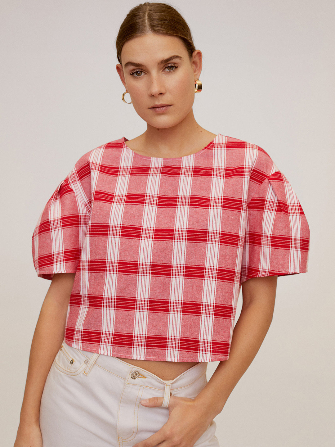 

MANGO Women Red & White Checked Pure Cotton Top