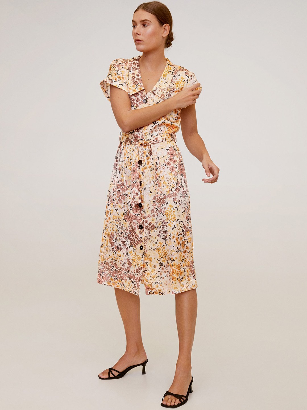 

MANGO Women Yellow & Brown Satin Finish Printed Shirt Dress