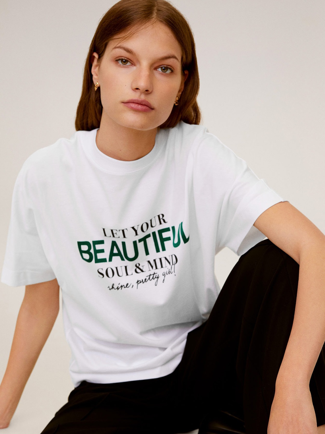 

MANGO Women White Printed Round Neck Pure Cotton T-shirt