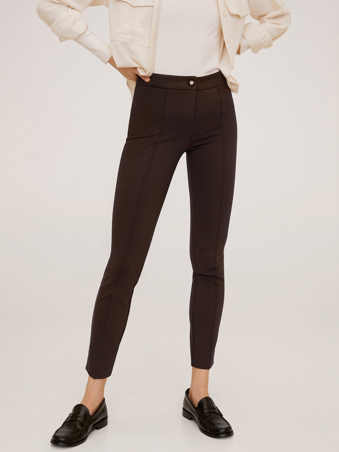 

MANGO Women Coffee Brown Solid Cropped Regular Trousers