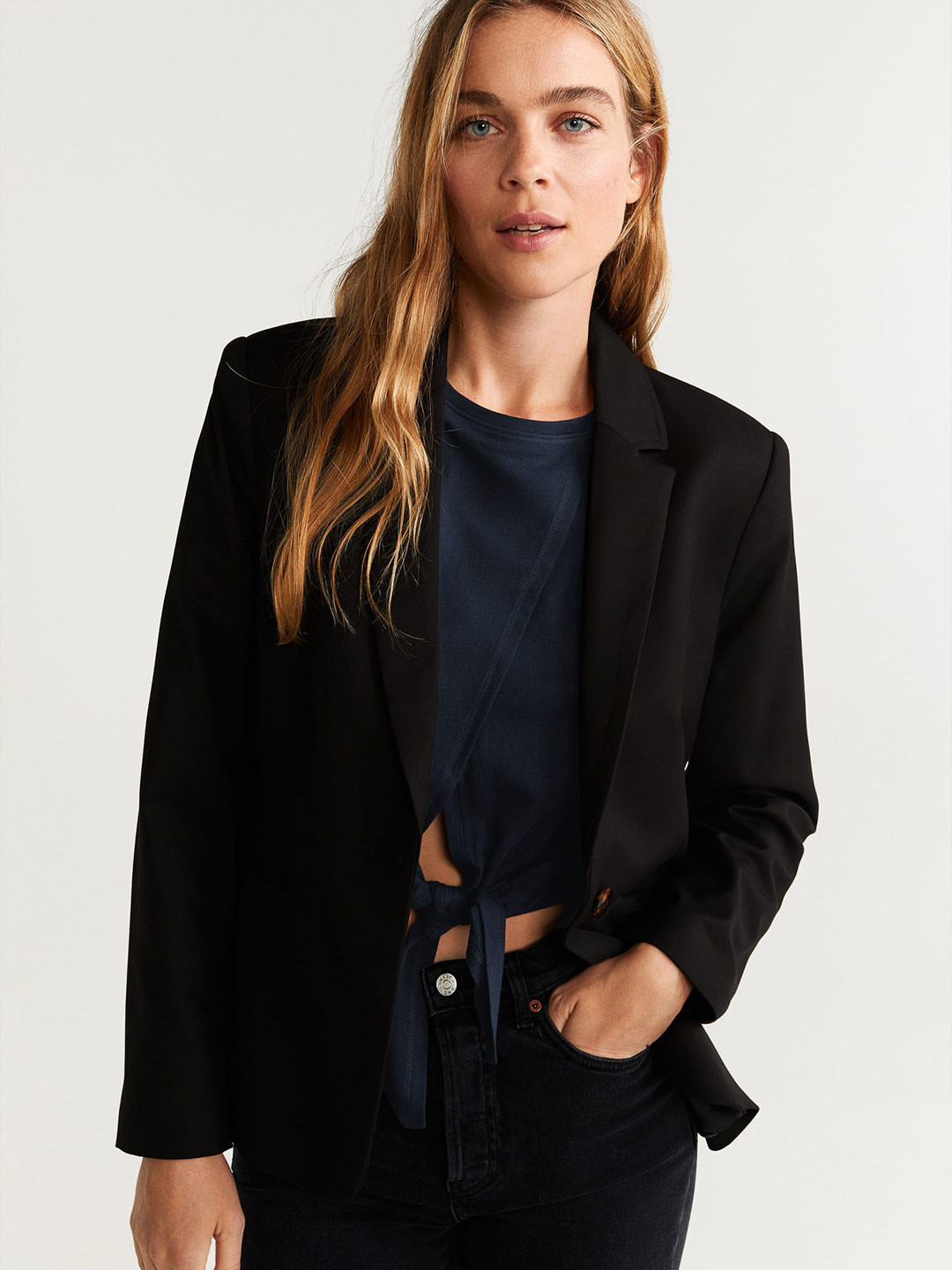 

MANGO Women Navy Blue Solid Sustainable Pure Cotton Top With Waist Tie-Ups