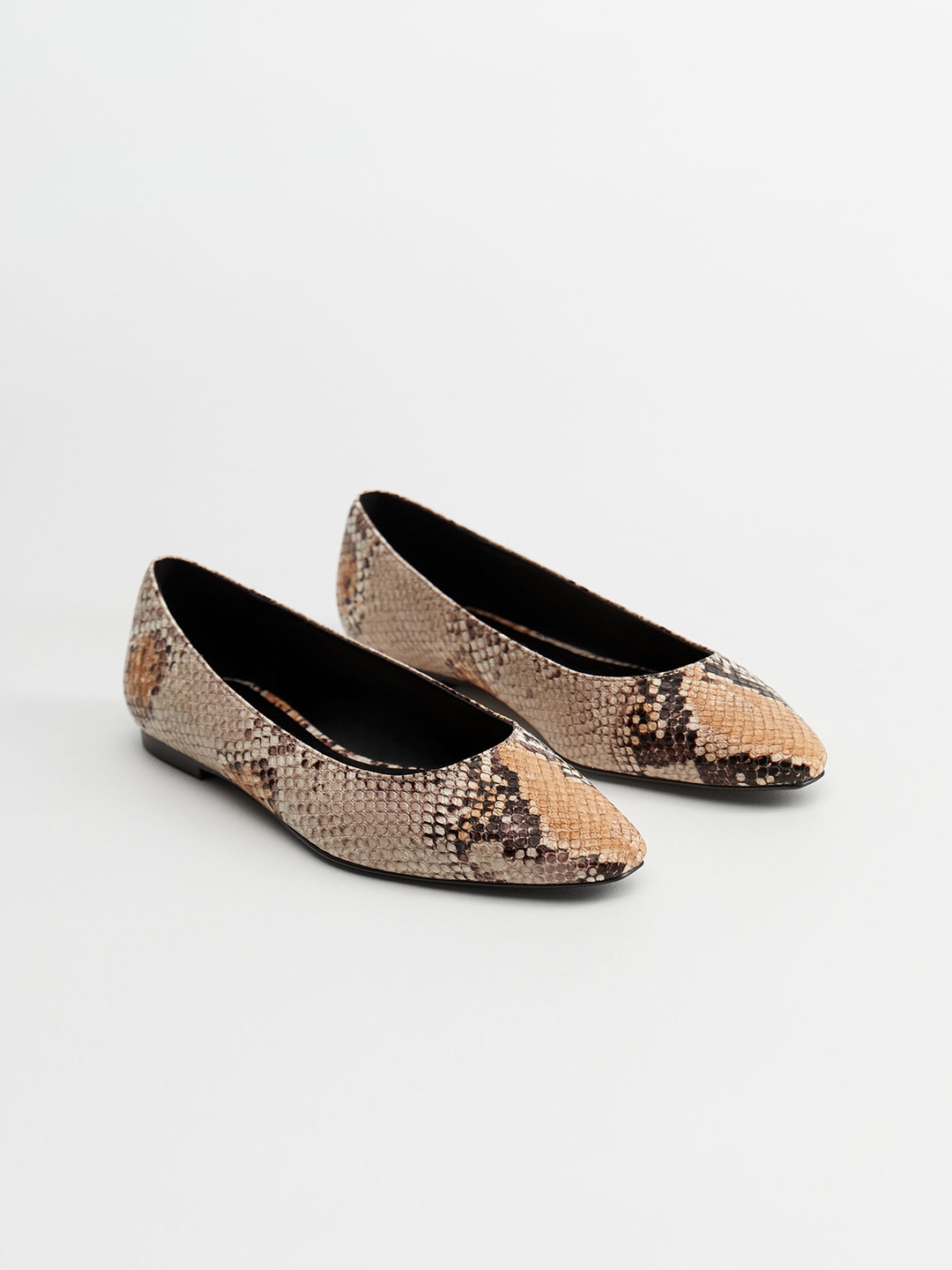 

MANGO Women Beige & Brown Snakeskin Textured Ballerinas